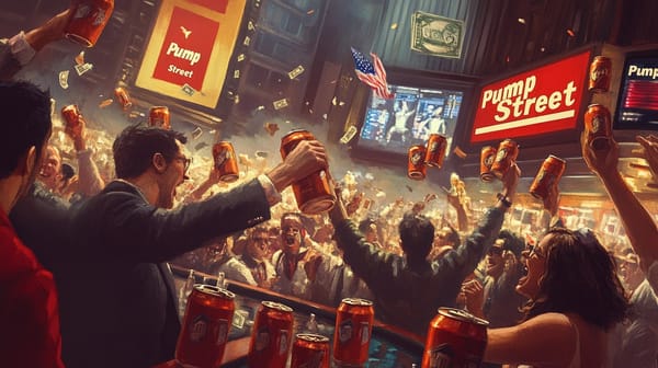 "New York Stock Exchange rebrands as 'Pump Street'. Opening bell replaced with air horn sound effect."